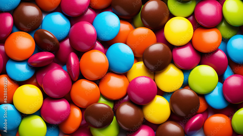 Close up of a pile of colorful chocolate coated candies. Candy background. Generative AI