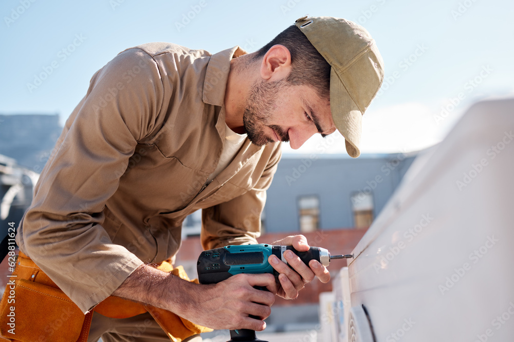 Technician man, drill and outdoor with air conditioner maintenance, roof or building in metro cbd fo