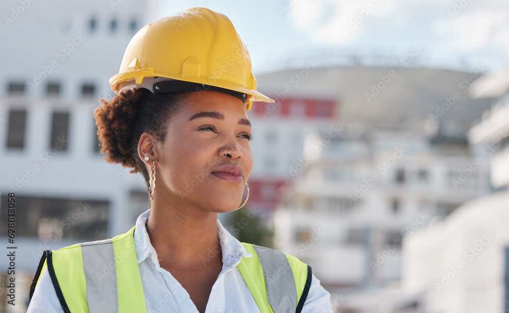 Thinking, engineer and woman in a city, ideas and development with helmet, construction worker and p