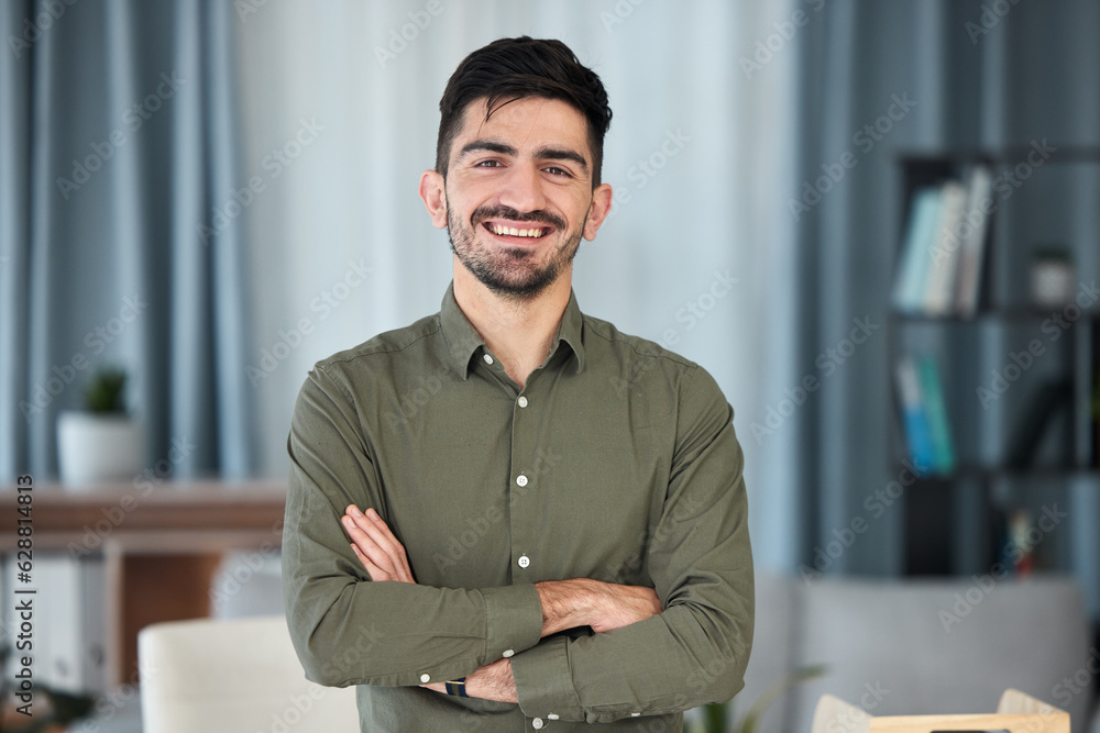 Smile, remote work and portrait of man accountant intern in home office confident and proud arms cro