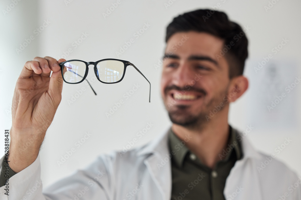 Hands of man, doctor and optician with glasses for vision, eyesight and prescription eye care. Happy