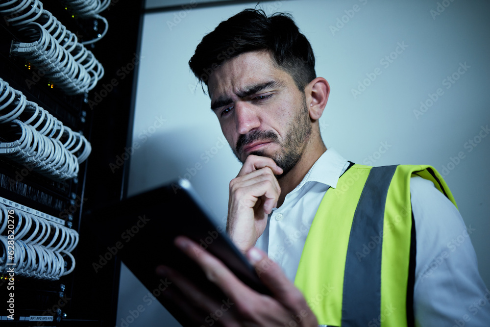 Engineer man, thinking and tablet in server room for information technology, maintenance and app in 