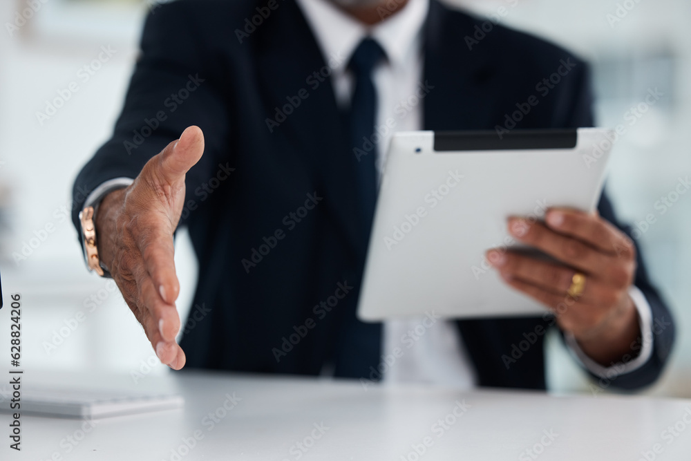 Handshake, meeting and a businessman with a tablet at work for an interview or company onboarding. T