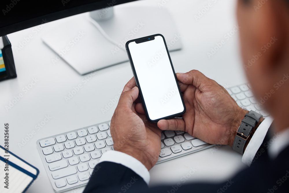 Hands, blank phone screen and man at desk with mockup space for logo, branding and communication. Bu