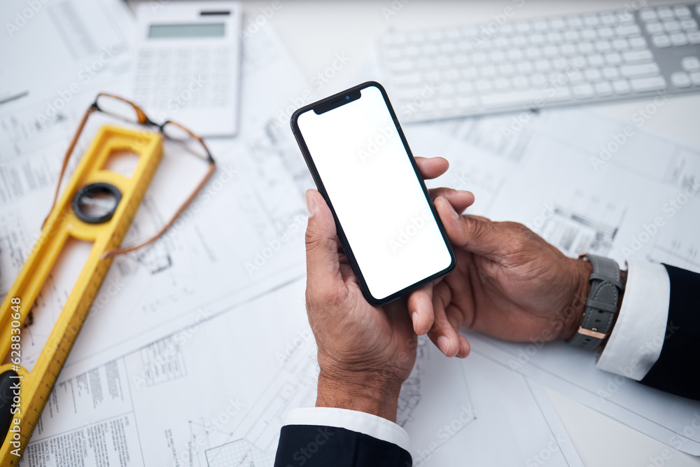 Hands, mockup phone screen at desk, architect man and blank space for logo, branding and planning. C