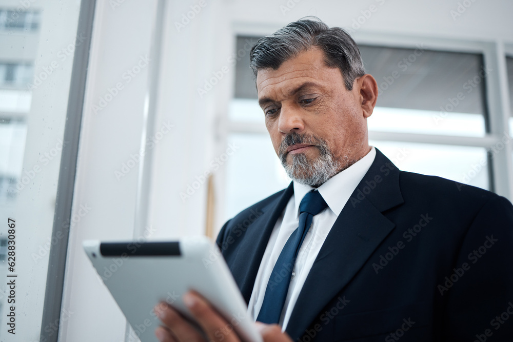 Business, app or senior man with a tablet, online reading or connection with network, email or digit