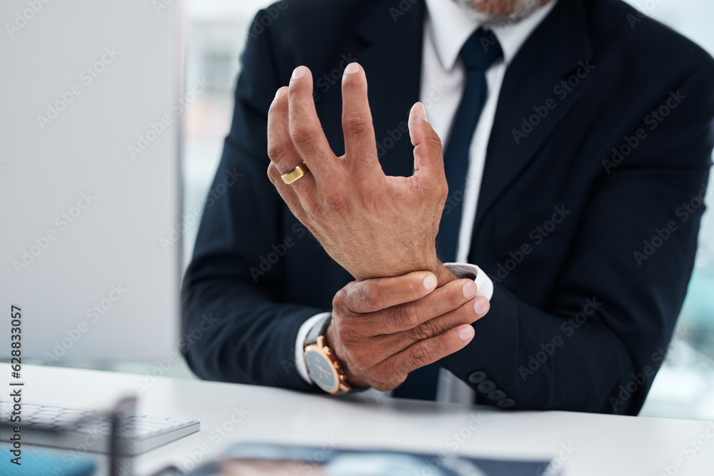 Business man, hands and wrist pain in office from osteoporosis, orthopedic joint and working on comp