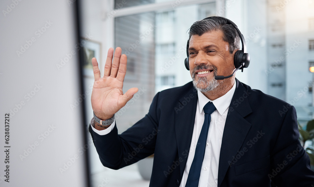 Video call, telemarketing and man wave on computer for communication in office. Hello, smile and mat