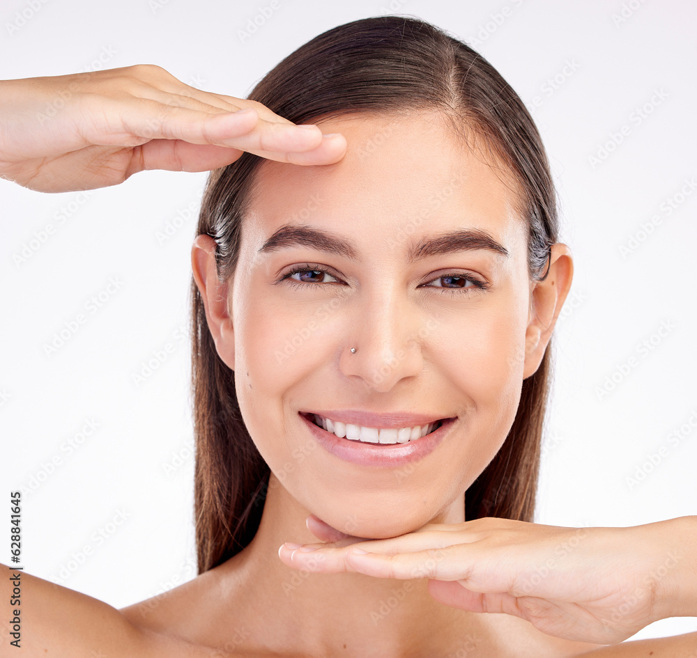 Beauty, studio portrait frame or happy woman with skincare shine, cosmetics foundation or facial col