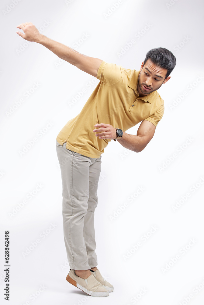 Dancer, man and routine with training, creative and movement on a white studio background. Male pers