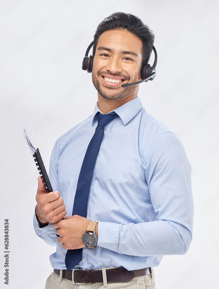 Call center, portrait and Asian man with documents for telemarketing, crm support and consulting iso