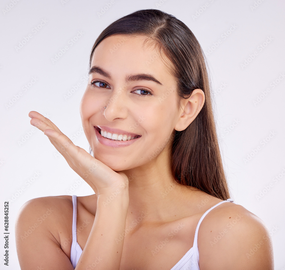 Face, skincare hand and beauty of woman with smile isolated on a white background in studio. Portrai