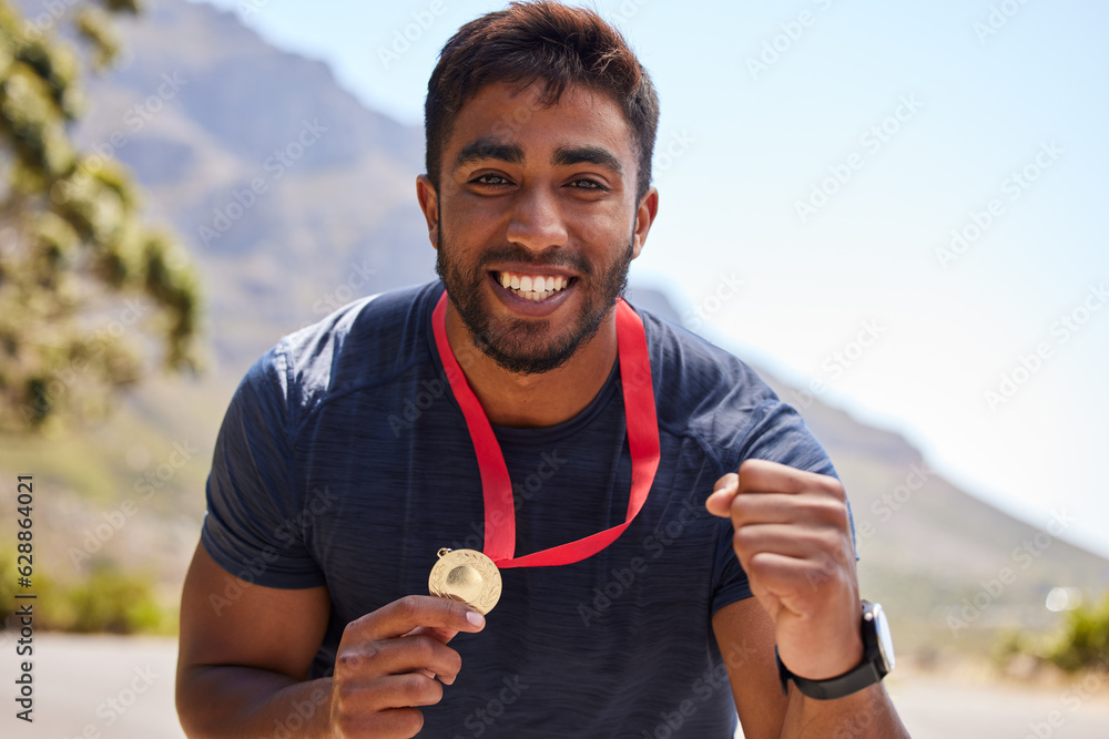 Runner, winner and portrait of happy man with medal on road for fitness goal, winning or running rac