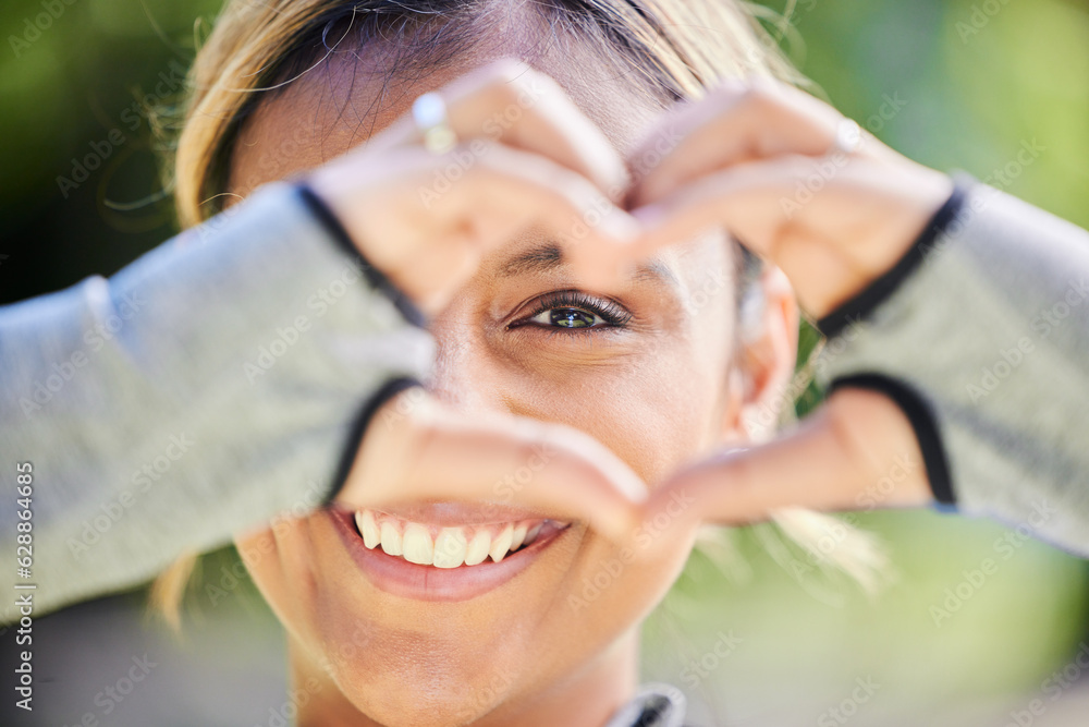 Nature, portrait and heart hands of a woman for exercise, training and an outdoor workout. Smile, cl