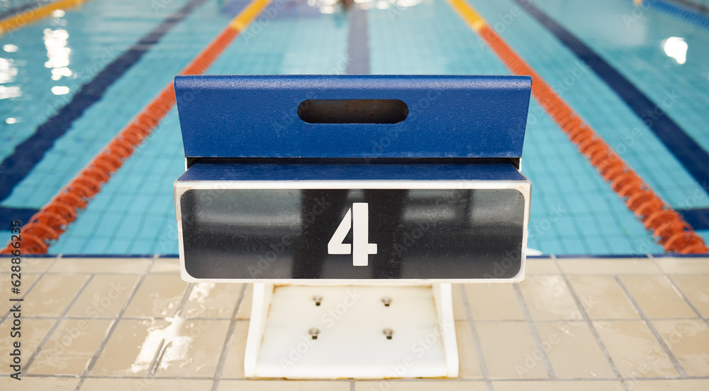 Empty swimming pool, platform and start competition of water sports, race and contest at diving faci