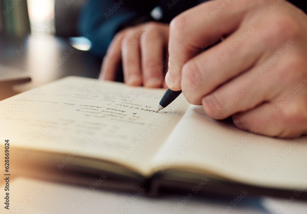 Hands, writing and closeup in office, notebook and idea for project, schedule or marketing with visi