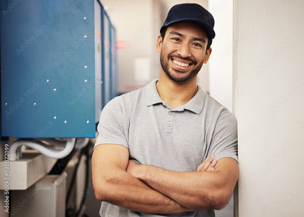 Engineer, happy portrait and a repair man at work for maintenance, service and inspection control. M