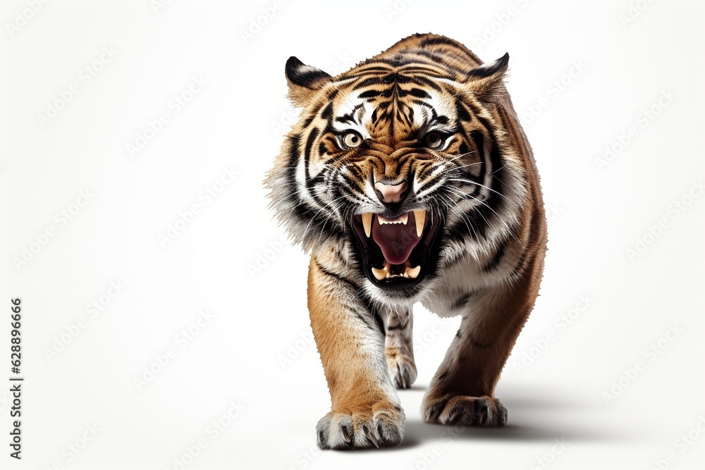 Aggressive, baring fangs, tiger isolated on a white background