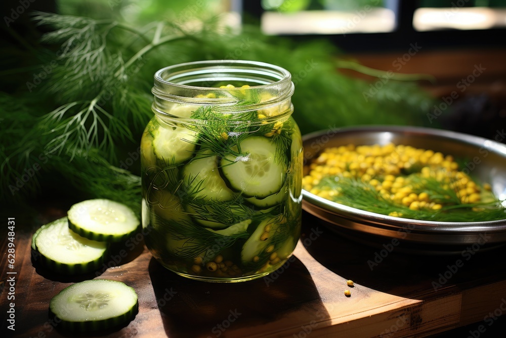 Homemade fermented pickled cucumbers in a jar.