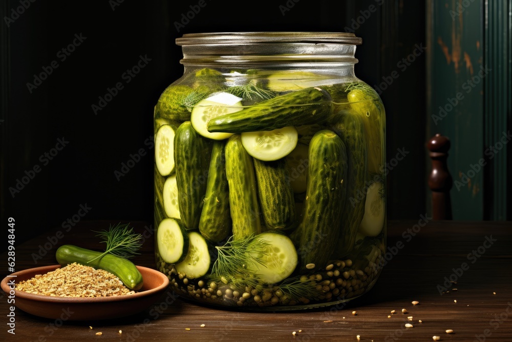 Homemade fermented pickled cucumbers in a jar.