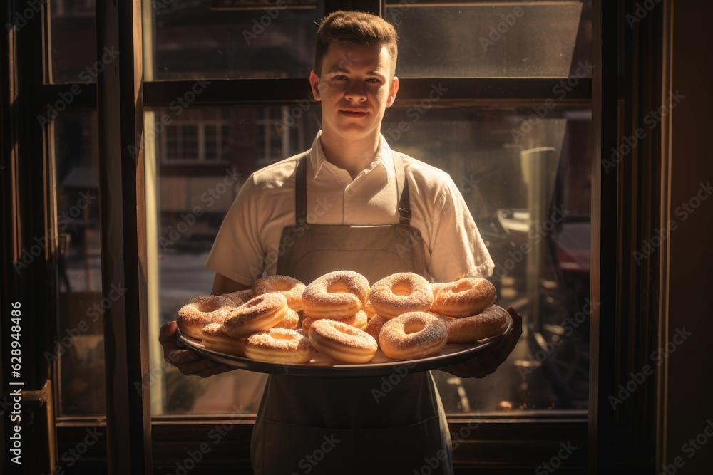 Baker holding a tray full of breads inside a bakery