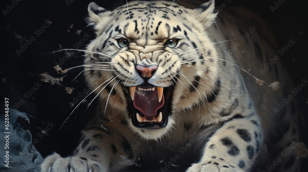 Front view of a fierce snow leopard. Generative AI