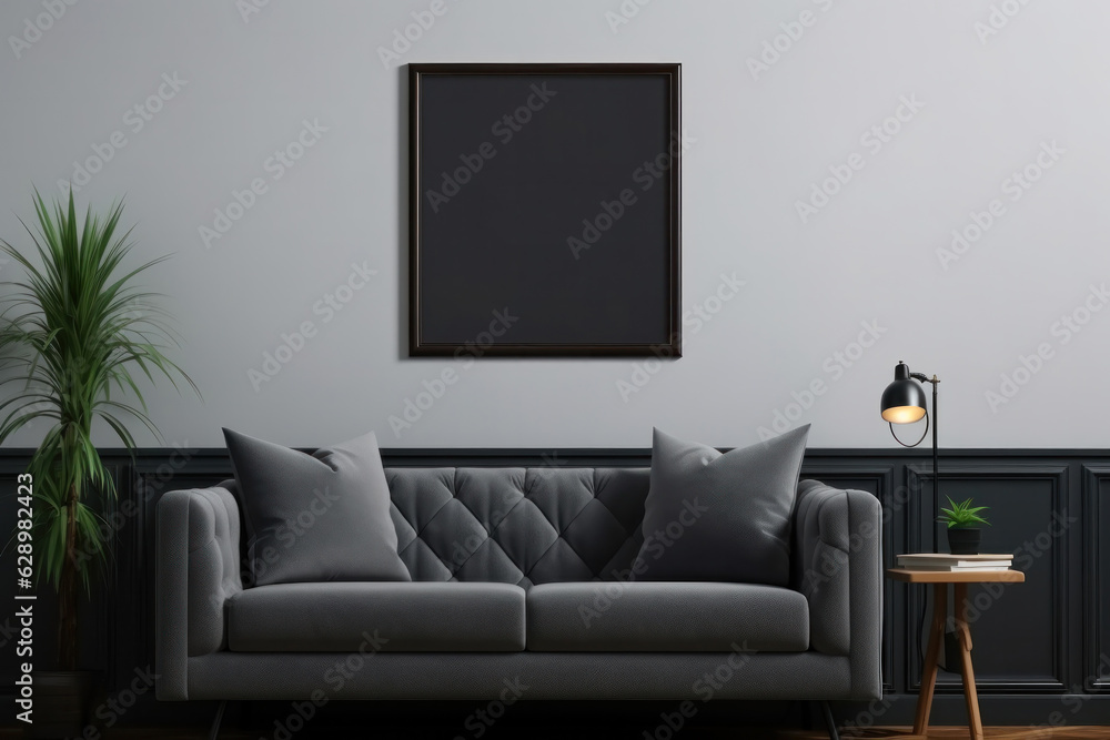 Modern living room with empty frame mockup