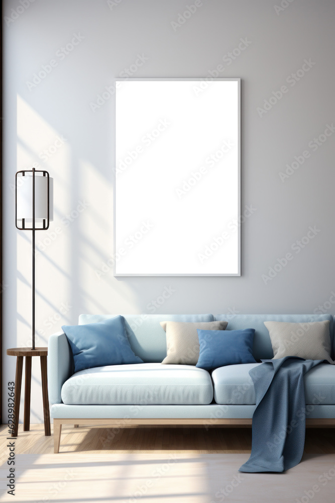 Modern living room with empty frame mockup