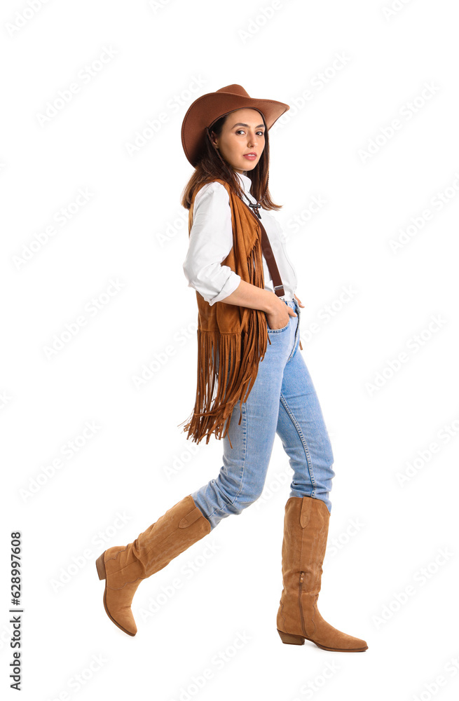 Beautiful cowgirl on white background