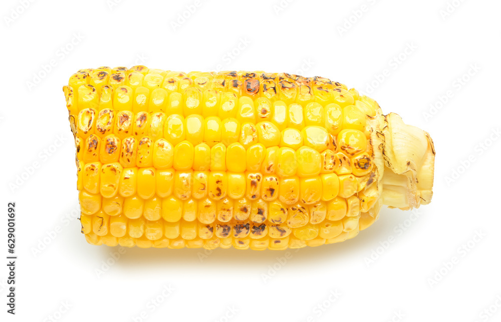 Cut tasty grilled corn cob on white background