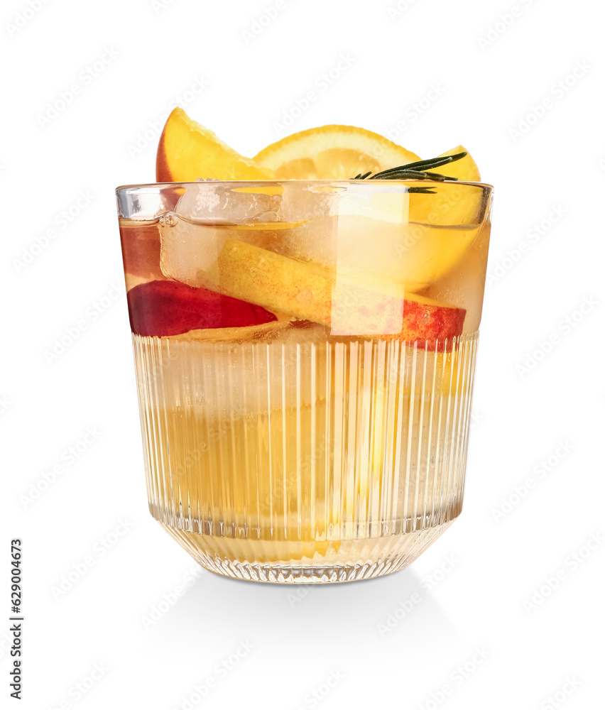 Glass of fresh peach lemonade with rosemary on white background