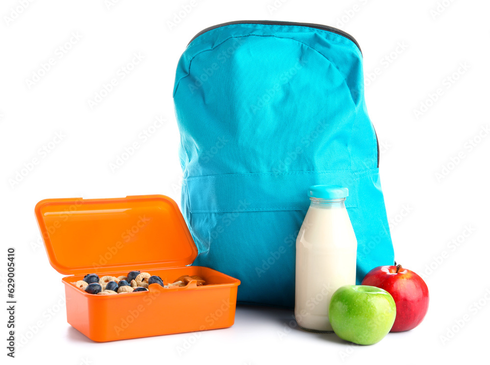 Backpack, bottle of milk and lunchbox with delicious food isolated on white background