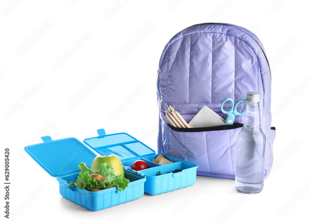 Backpack, stationery and lunchboxes with delicious food isolated on white background