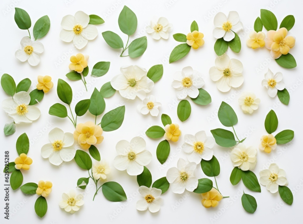 White flowers and leaves background