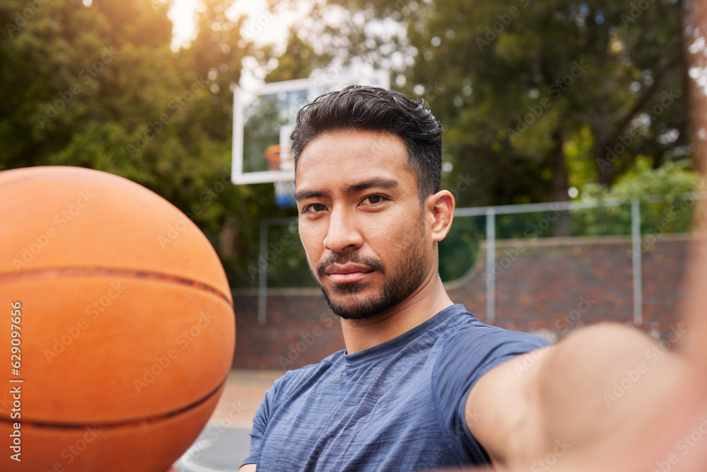 Man, basketball player and portrait selfie on court for social media, fitness blog or training match