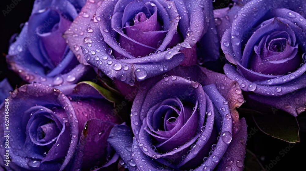 Purple Roses flowers with water drops background. Closeup of blossom with glistening droplets. Gener