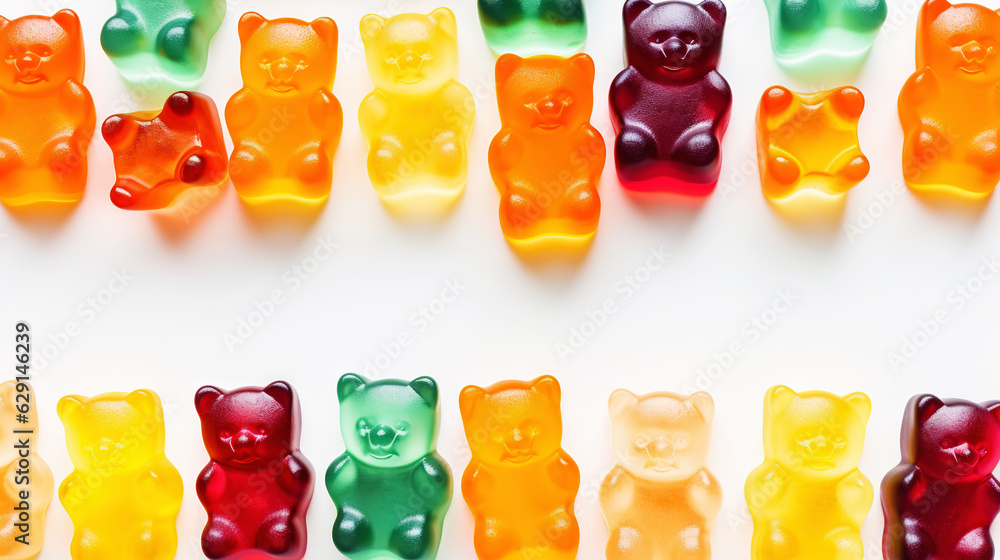 Gummy Jelly Bears Candies background. Sweet tasty backdrop. Generative AI