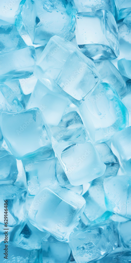 Ice cubes bluish background. Frozen water. Cold fresh concept. Generative AI