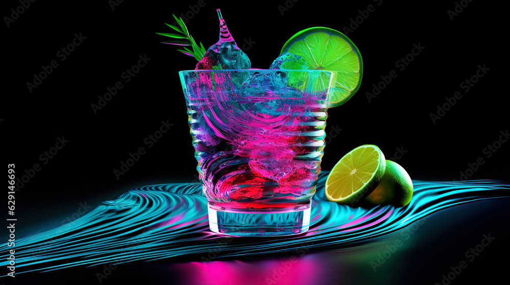 Glass of cocktail in hypnotic neon light. Colorful rave party drink. Generative AI