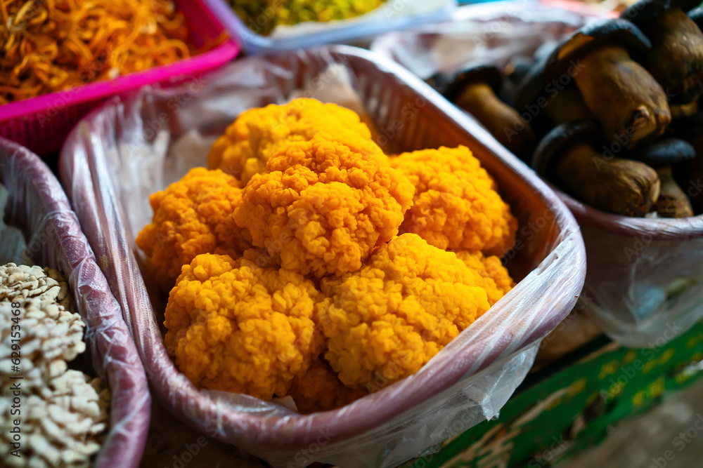 Mushrooms tremella aurantialba in the farmers market in Yunnan, China.