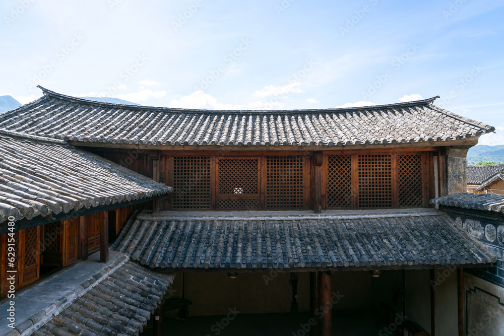 Ancient building and blue sky in Yunnan, China.