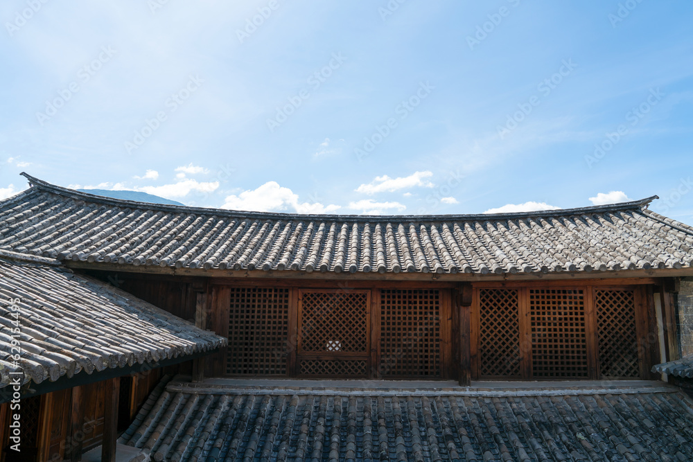 Ancient building and blue sky in Yunnan, China.