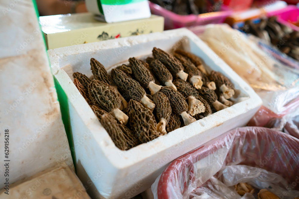 Mushrooms morels in the farmers market in Yunnan, China.