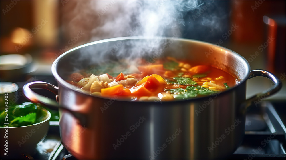 Steaming Pot of Fresh Vegetable Soup - AI Generated 