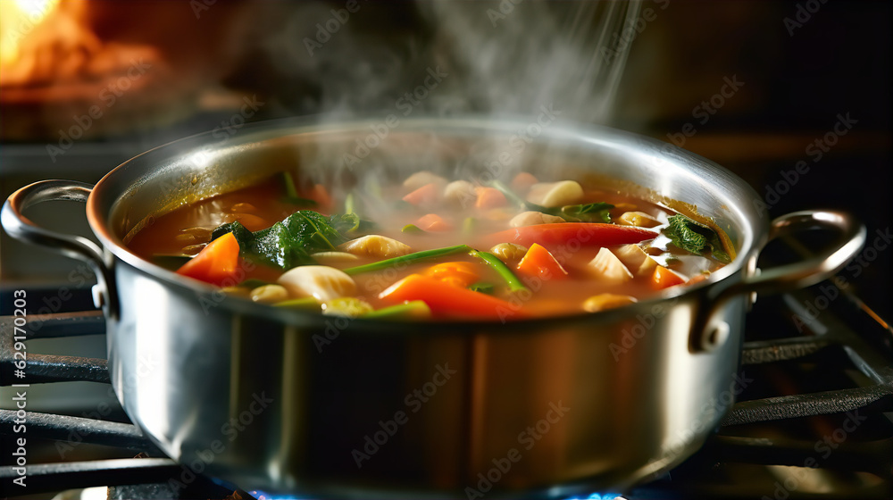 Steaming Pot of Fresh Vegetable Soup - AI Generated 