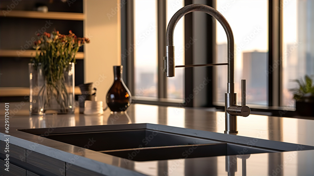 Modern Faucet in a Well-Equipped Kitchen - AI Generated