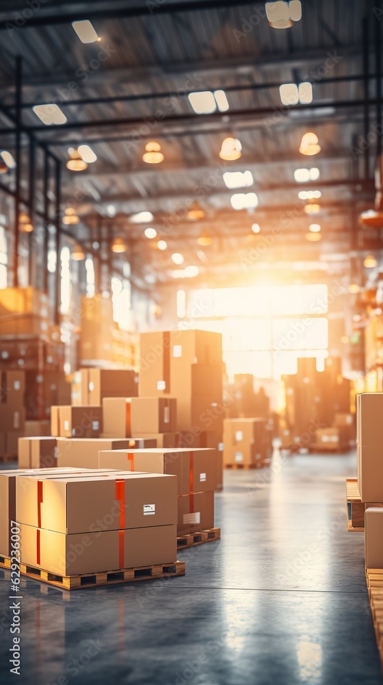 Retail warehouse full of shelves with goods in cartons, with pallets and forklifts. Logistics and tr