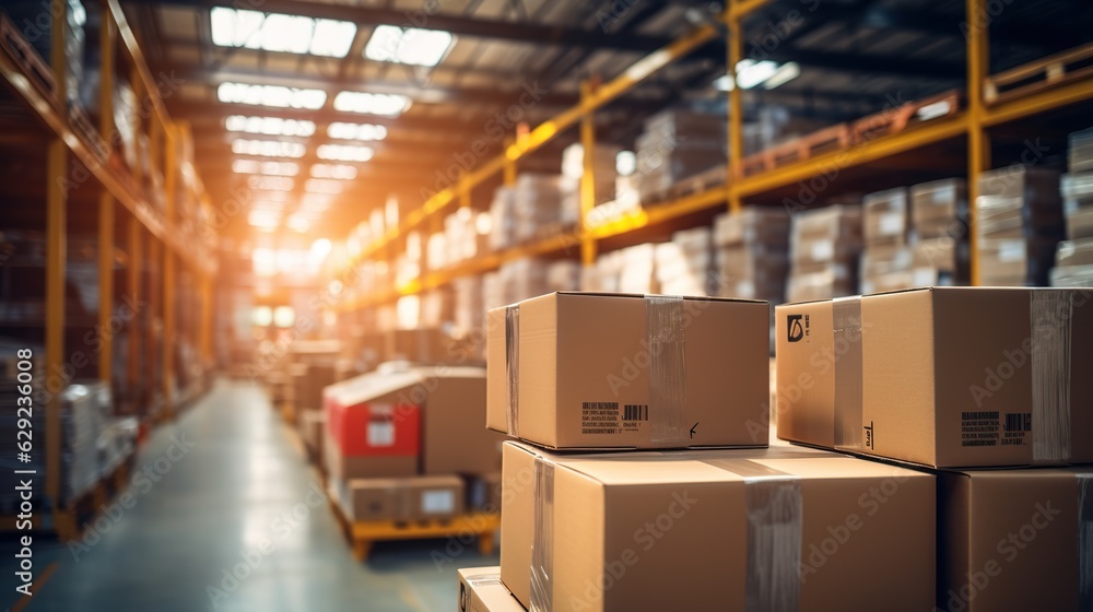 Retail warehouse full of shelves with goods in cartons, with pallets and forklifts. Logistics and tr