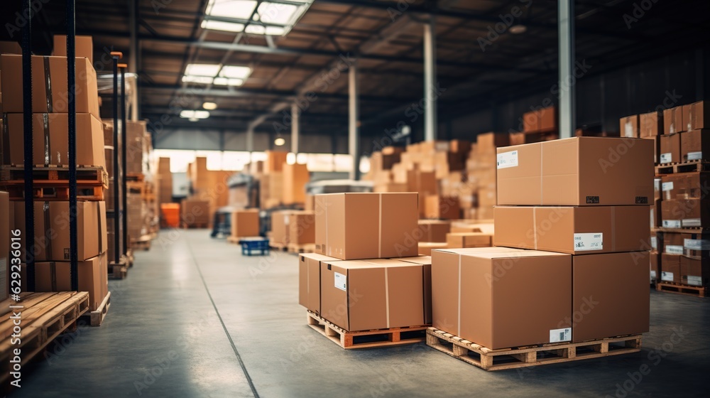 Retail warehouse full of shelves with goods in cartons, with pallets and forklifts. Logistics and tr