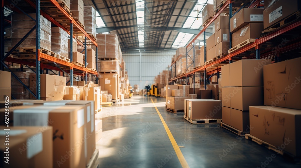 Retail warehouse full of shelves with goods in cartons, with pallets and forklifts. Logistics and tr